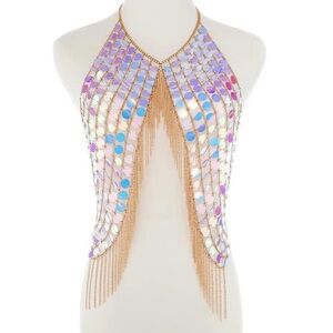 Pink Sequins Tassel Holographic Crystal Bra Sparkly Body Chain Rave Boho Outfit